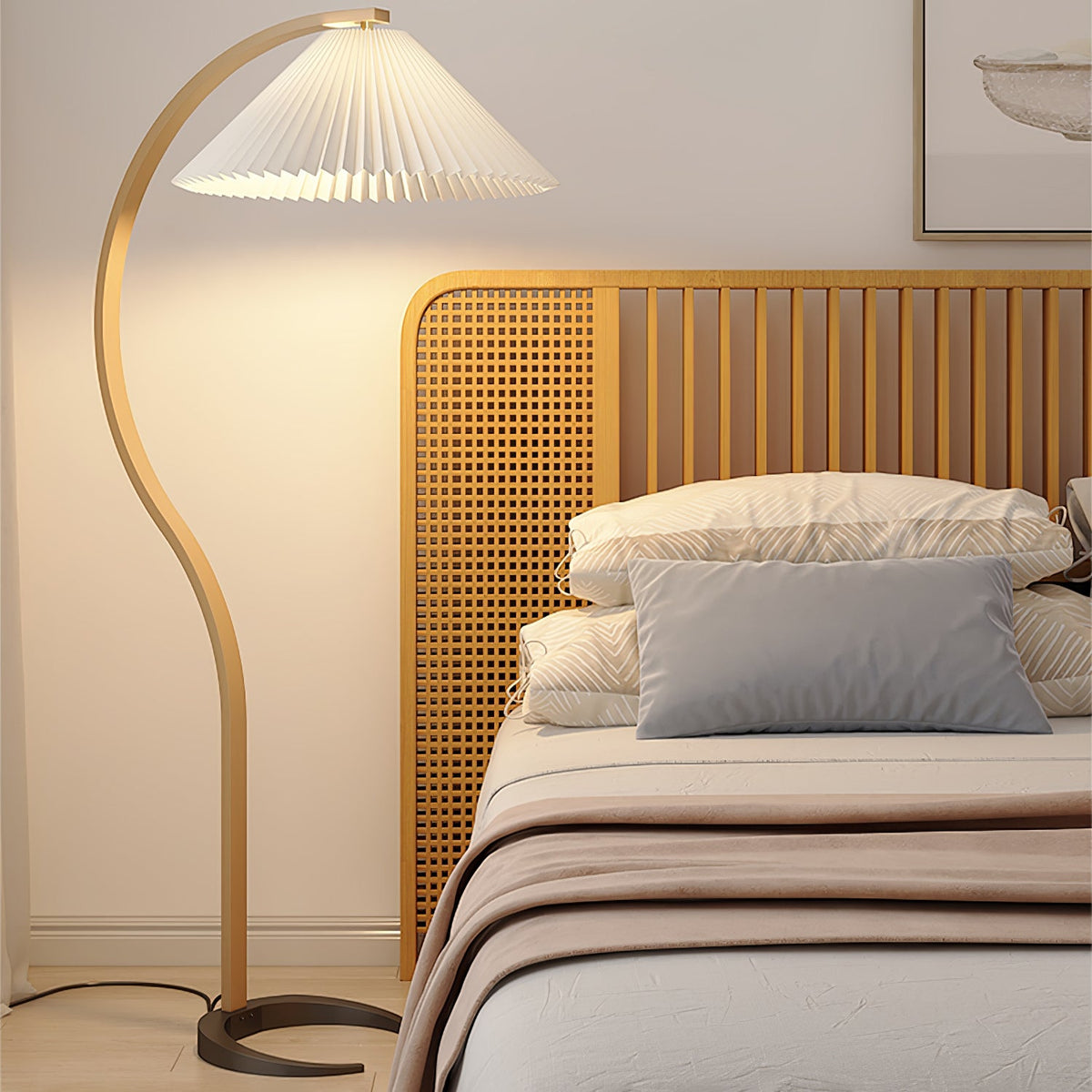 Arbora | Arc Floor Lamp with Beech Wood and Pleated Shade | Plug In Lamp for Living Room