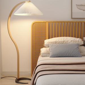 Arbora | Arc Floor Lamp with Beech Wood and Pleated Shade | Plug In Lamp for Living Room