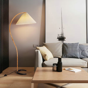 Arbora | Arc Floor Lamp with Beech Wood and Pleated Shade | Plug In Lamp for Living Room