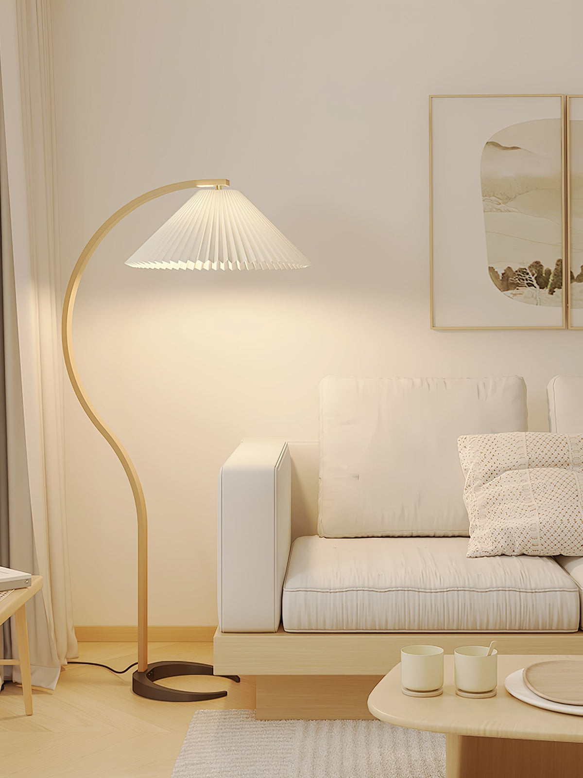Arbora | Arc Floor Lamp with Beech Wood and Pleated Shade | Plug In Lamp for Living Room