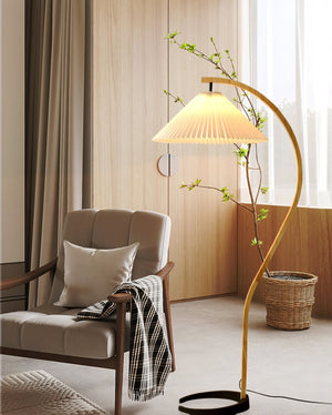 Arbora | Arc Floor Lamp with Beech Wood and Pleated Shade | Plug In Lamp for Living Room
