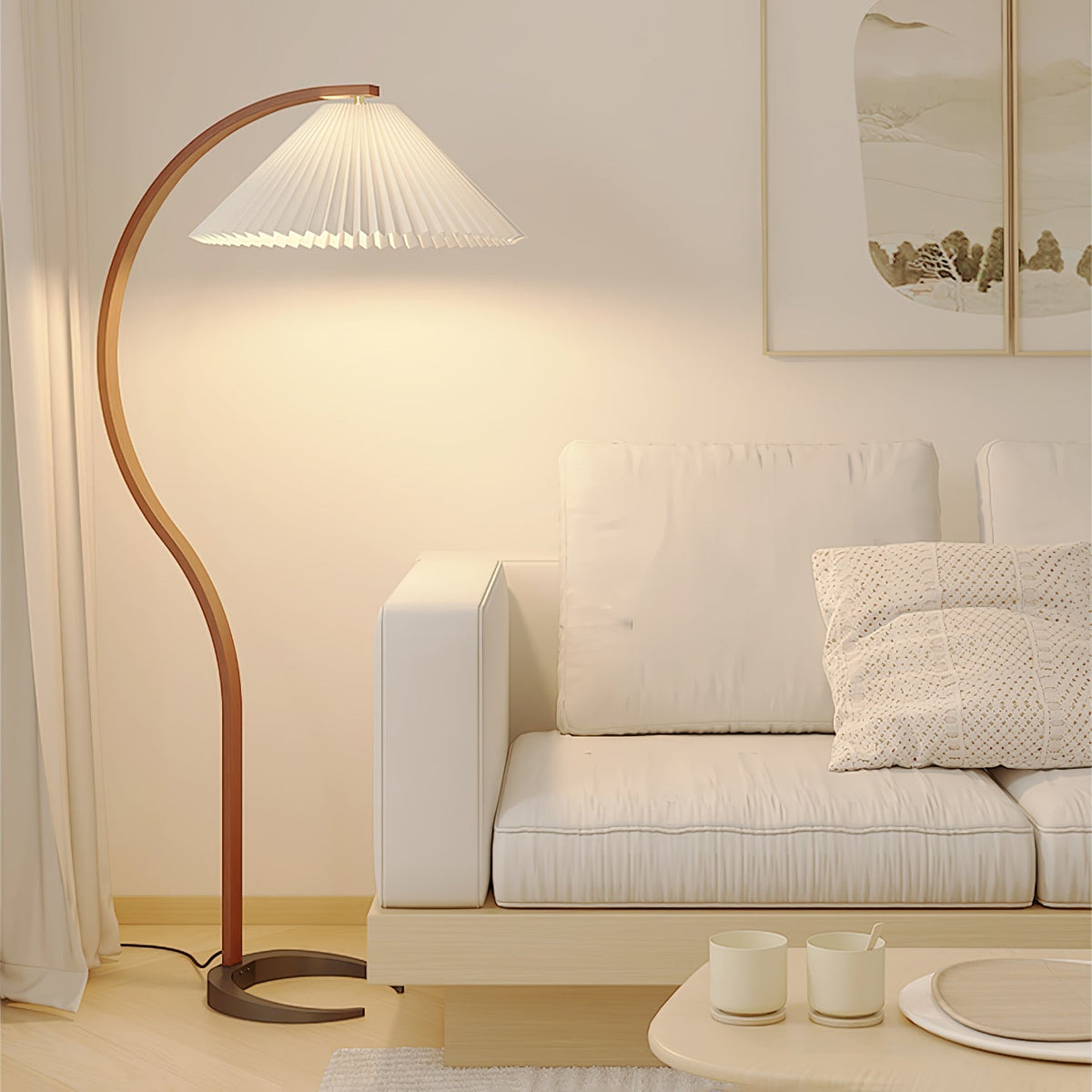 Arbora | Arc Floor Lamp with Beech Wood and Pleated Shade | Plug In Lamp for Living Room
