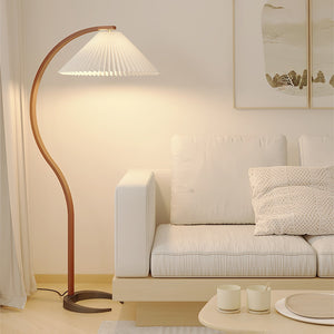 Arbora | Arc Floor Lamp with Beech Wood and Pleated Shade | Plug In Lamp for Living Room