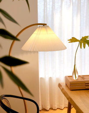 Arbora | Arc Floor Lamp with Beech Wood and Pleated Shade | Plug In Lamp for Living Room