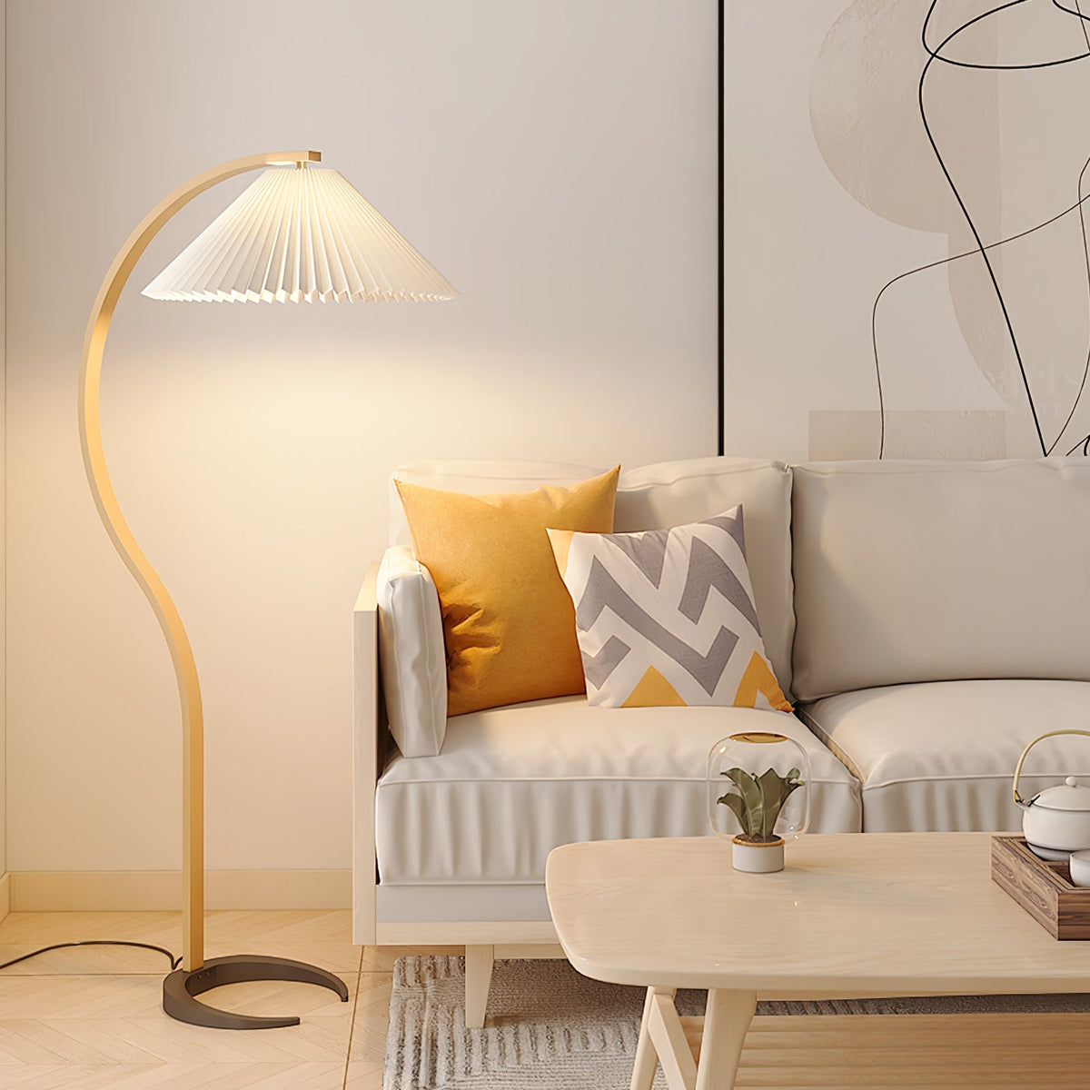 Arbora | Arc Floor Lamp with Beech Wood and Pleated Shade | Plug In Lamp for Living Room