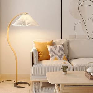 Arbora | Arc Floor Lamp with Beech Wood and Pleated Shade | Plug In Lamp for Living Room
