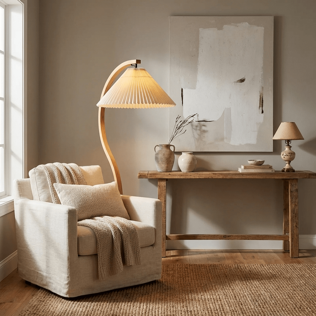 Arbora | Arc Floor Lamp with Beech Wood and Pleated Shade | Plug In Lamp for Living Room