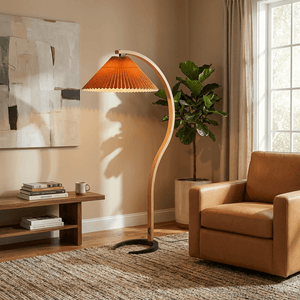 Arbora | Arc Floor Lamp with Beech Wood and Pleated Shade | Plug In Lamp for Living Room