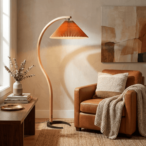 Arbora | Arc Floor Lamp with Beech Wood and Pleated Shade | Plug In Lamp for Living Room