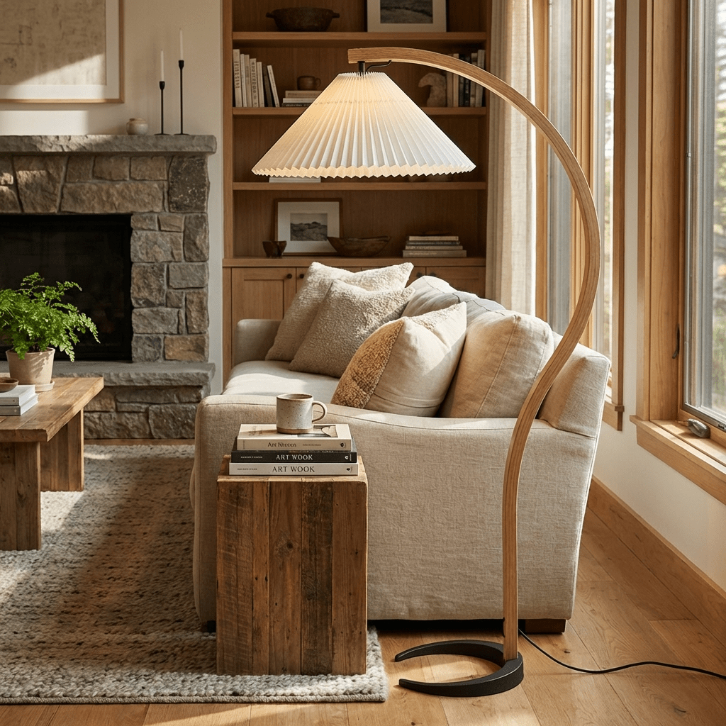 Arbora | Arc Floor Lamp with Beech Wood and Pleated Shade | Plug In Lamp for Living Room