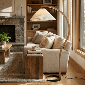 Arbora | Arc Floor Lamp with Beech Wood and Pleated Shade | Plug In Lamp for Living Room