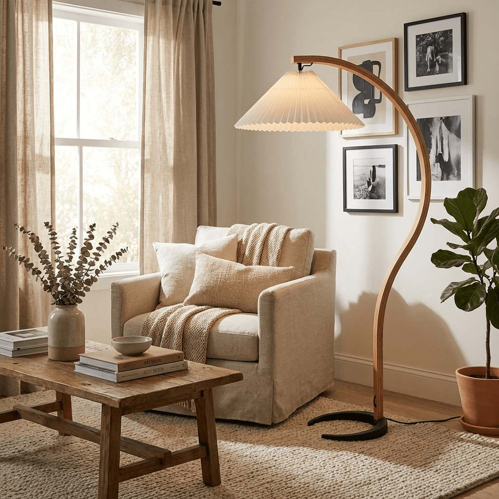 Arbora | Arc Floor Lamp with Beech Wood and Pleated Shade | Plug In Lamp for Living Room