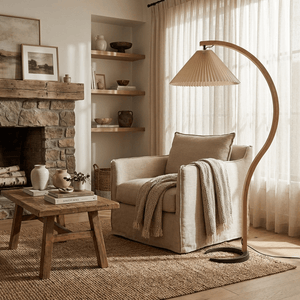 Arbora | Arc Floor Lamp with Beech Wood and Pleated Shade | Plug In Lamp for Living Room