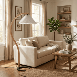 Arbora | Arc Floor Lamp with Beech Wood and Pleated Shade | Plug In Lamp for Living Room