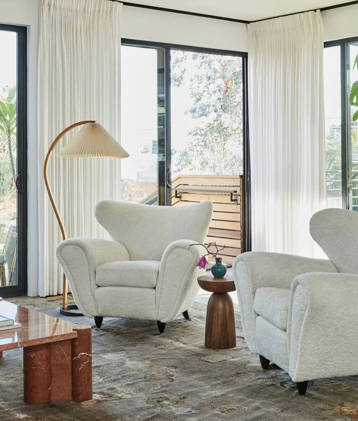 Arbora | Arc Floor Lamp with Beech Wood and Pleated Shade | Plug In Lamp for Living Room