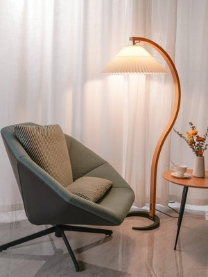 Arbora | Arc Floor Lamp with Beech Wood and Pleated Shade | Plug In Lamp for Living Room