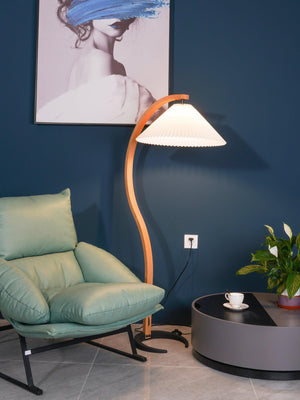 Arbora | Arc Floor Lamp with Beech Wood and Pleated Shade | Plug In Lamp for Living Room