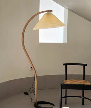 Arbora | Arc Floor Lamp with Beech Wood and Pleated Shade | Plug In Lamp for Living Room