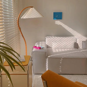 Arbora | Arc Floor Lamp with Beech Wood and Pleated Shade | Plug In Lamp for Living Room