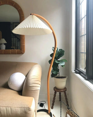 Arbora | Arc Floor Lamp with Beech Wood and Pleated Shade | Plug In Lamp for Living Room