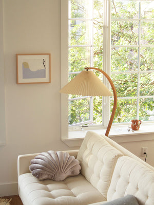 Arbora | Arc Floor Lamp with Beech Wood and Pleated Shade | Plug In Lamp for Living Room