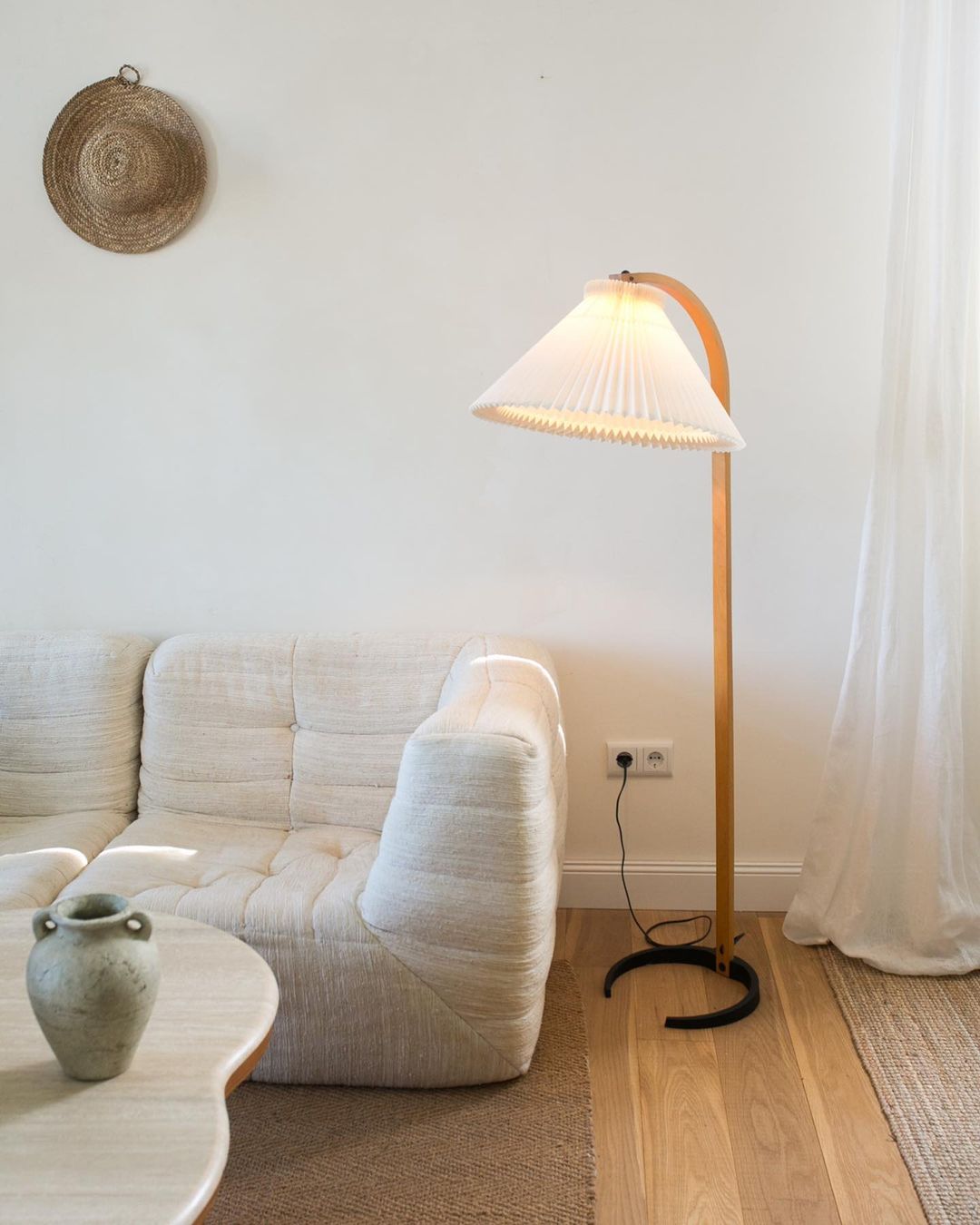Arbora | Arc Floor Lamp with Beech Wood and Pleated Shade | Plug In Lamp for Living Room