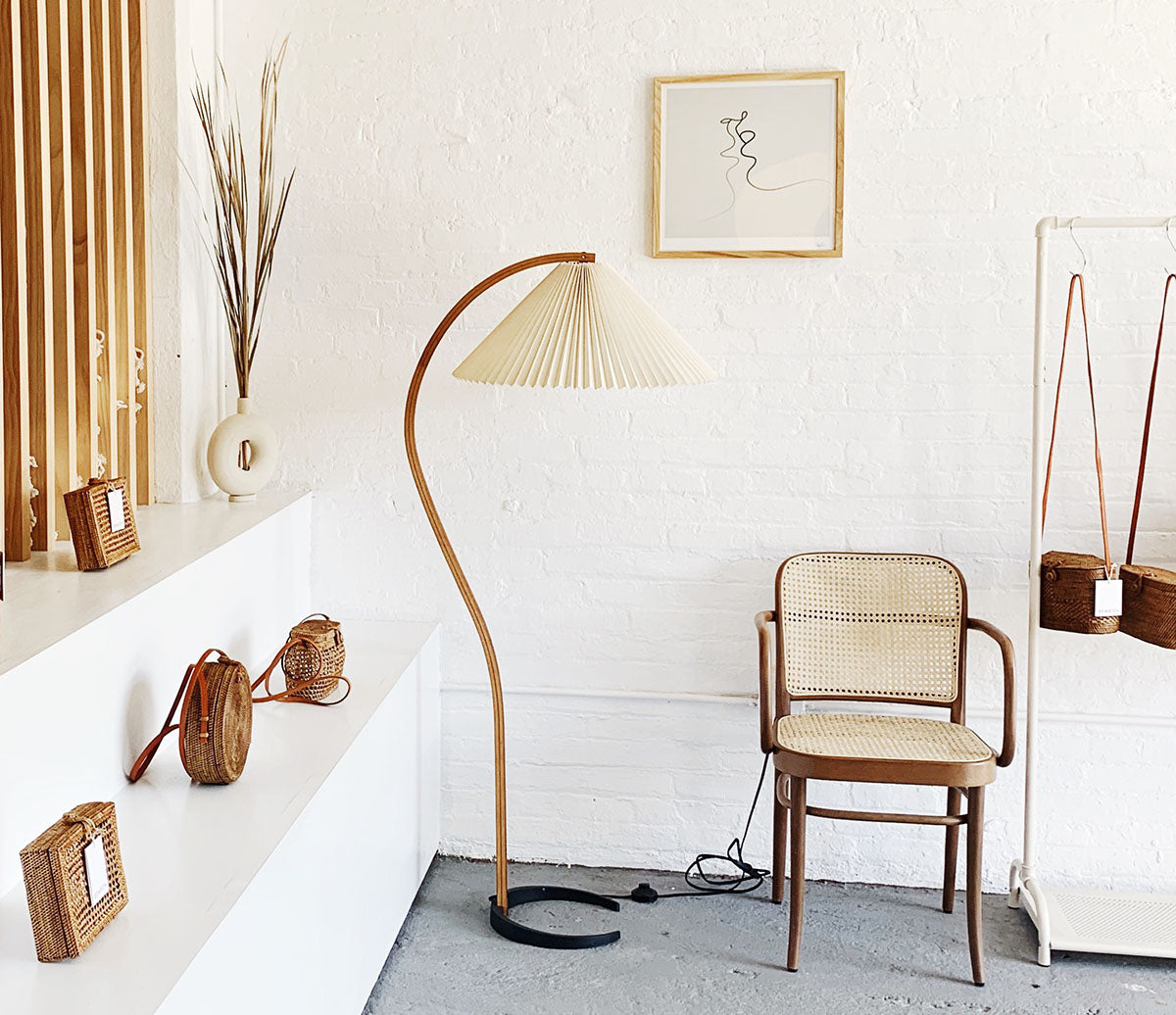 Arbora | Arc Floor Lamp with Beech Wood and Pleated Shade | Plug In Lamp for Living Room