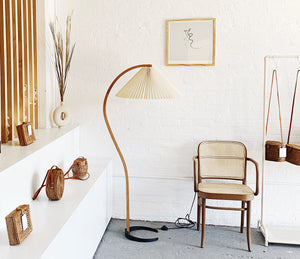 Arbora | Arc Floor Lamp with Beech Wood and Pleated Shade | Plug In Lamp for Living Room