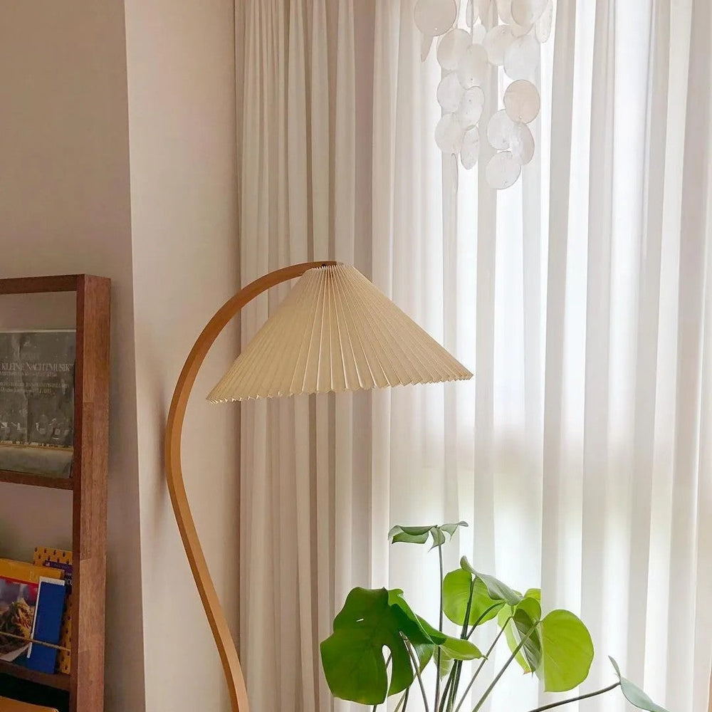 Arbora | Arc Floor Lamp with Beech Wood and Pleated Shade | Plug In Lamp for Living Room