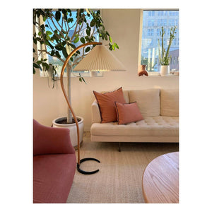 Arbora | Arc Floor Lamp with Beech Wood and Pleated Shade | Plug In Lamp for Living Room