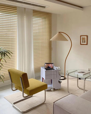 Arbora | Arc Floor Lamp with Beech Wood and Pleated Shade | Plug In Lamp for Living Room