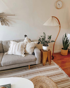 Arbora | Arc Floor Lamp with Beech Wood and Pleated Shade | Plug In Lamp for Living Room