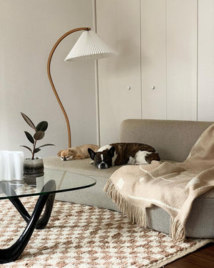 Arbora | Arc Floor Lamp with Beech Wood and Pleated Shade | Plug In Lamp for Living Room