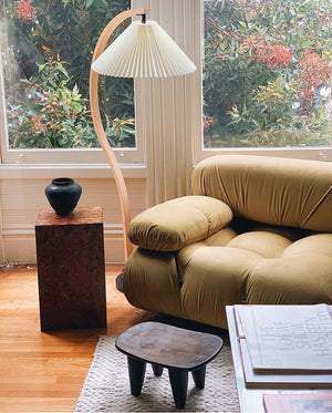 Arbora | Arc Floor Lamp with Beech Wood and Pleated Shade | Plug In Lamp for Living Room
