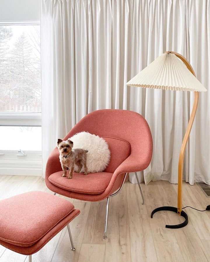Arbora | Arc Floor Lamp with Beech Wood and Pleated Shade | Plug In Lamp for Living Room