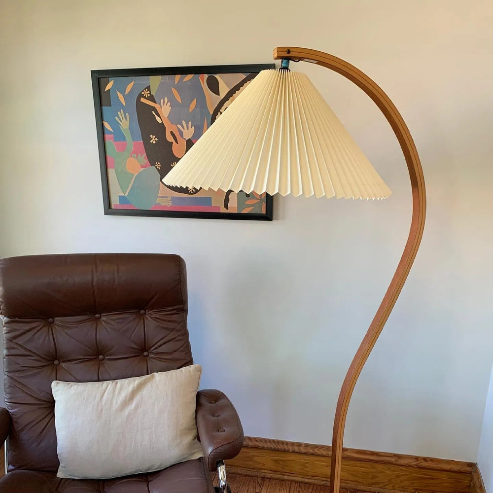 Arbora | Arc Floor Lamp with Beech Wood and Pleated Shade | Plug In Lamp for Living Room