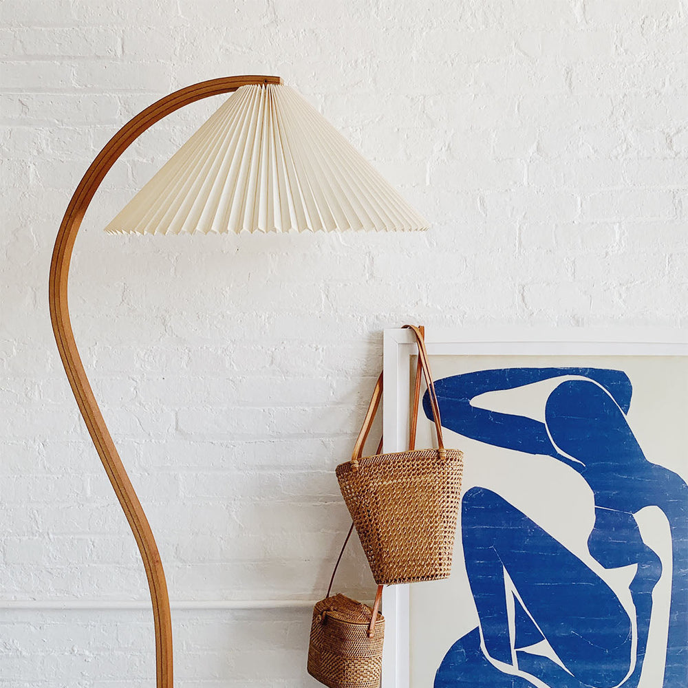 Arbora | Arc Floor Lamp with Beech Wood and Pleated Shade | Plug In Lamp for Living Room