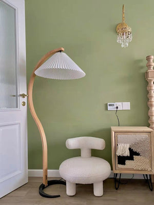 Arbora | Arc Floor Lamp with Beech Wood and Pleated Shade | Plug In Lamp for Living Room