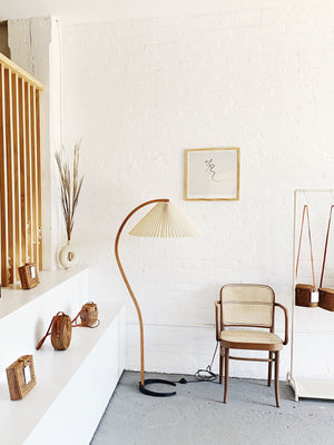 Arbora | Arc Floor Lamp with Beech Wood and Pleated Shade | Plug In Lamp for Living Room