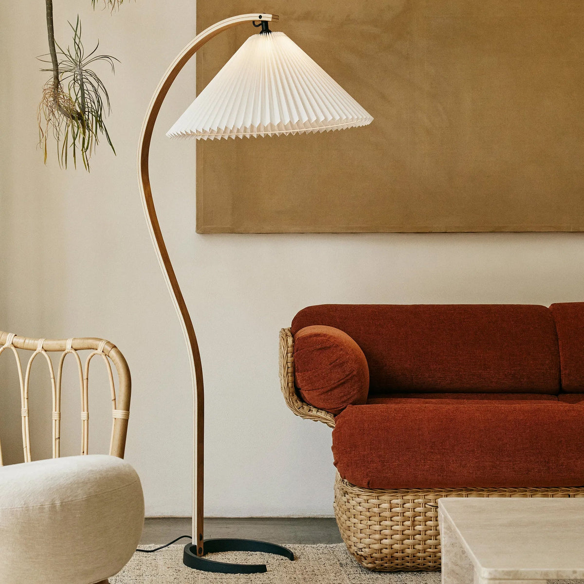 Arbora | Arc Floor Lamp with Beech Wood and Pleated Shade | Plug In Lamp for Living Room