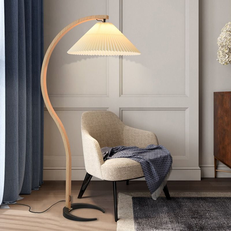 Arbora | Arc Floor Lamp with Beech Wood and Pleated Shade | Plug In Lamp for Living Room