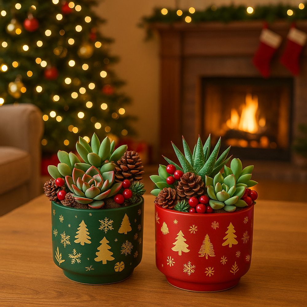 Red & Gold Christmas Ceramic Planter – Festive Holiday Tree Design