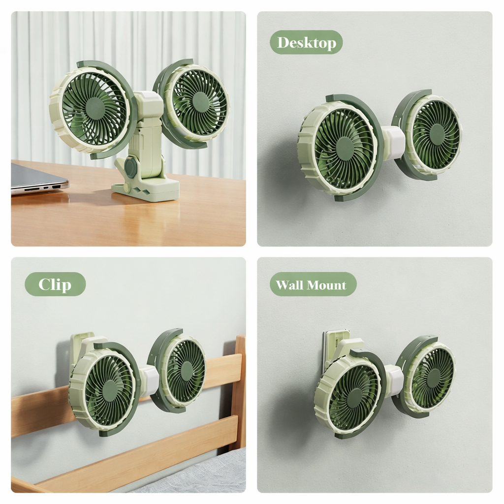 Hipacool Dual Head Car Clip Fan 4000mAh 3-Speed USB