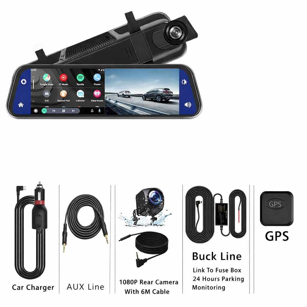 10 Inch 4K Dash Cam Rearview Mirror CarPlay Android Auto GPS WiFi DVR Dual Cam