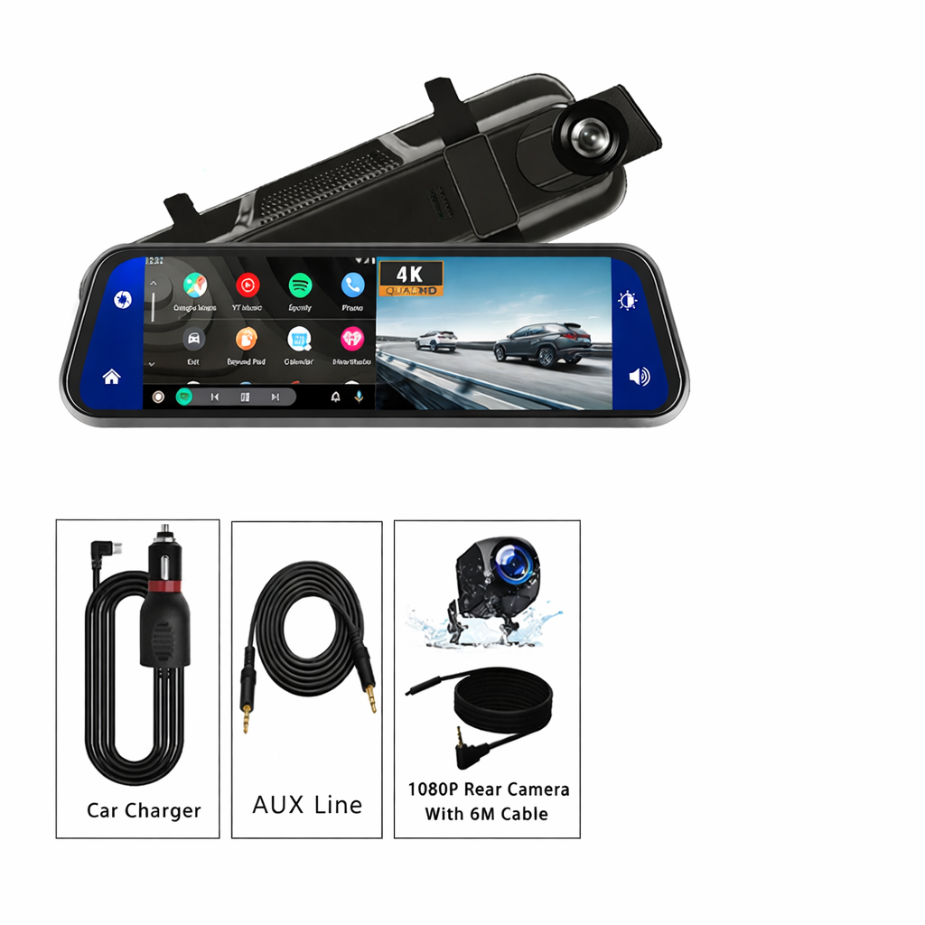 10 Inch 4K Dash Cam Rearview Mirror CarPlay Android Auto GPS WiFi DVR Dual Cam