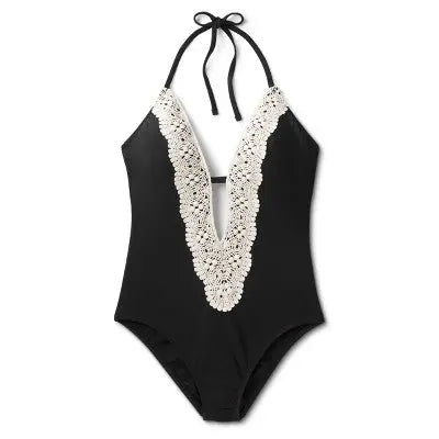Shade & Shore Women's Crochet Plunge One Piece Swimsuit Halter Swimwear