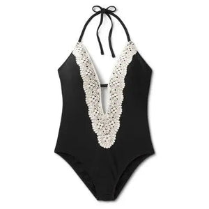 Shade & Shore Women's Crochet Plunge One Piece Swimsuit Halter Swimwear