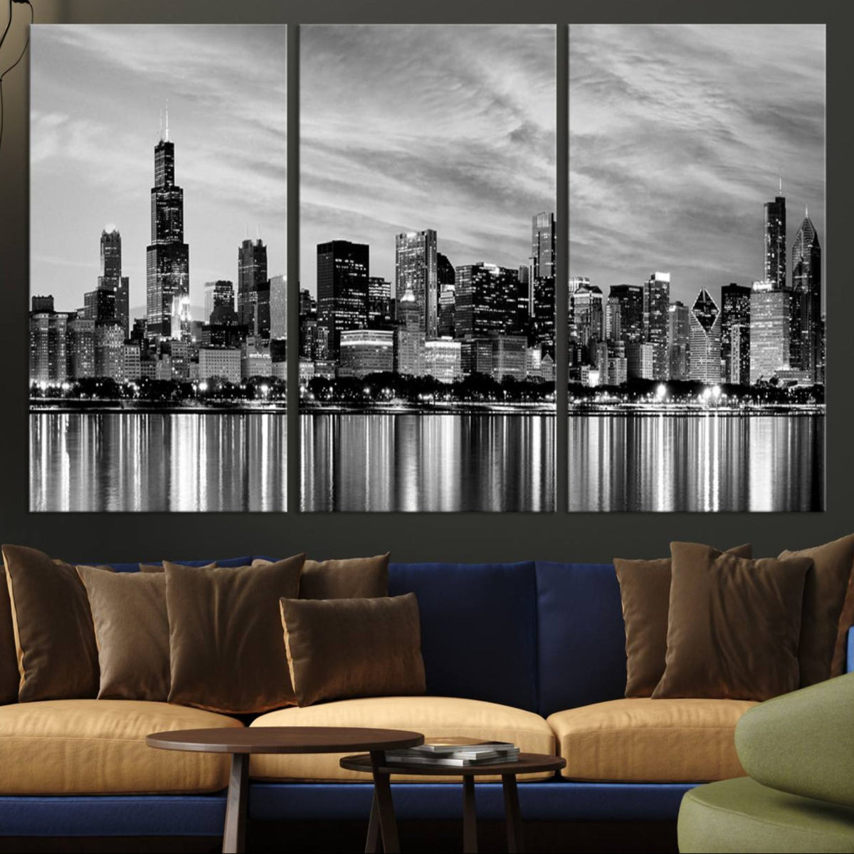 Chicago City Cloudy Skyline Black and White Wall Art