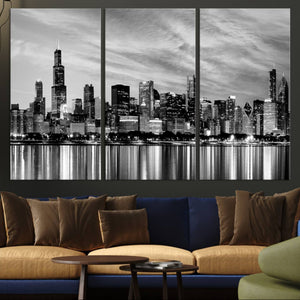 Chicago City Cloudy Skyline Black and White Wall Art