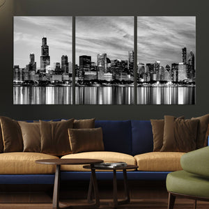Chicago City Cloudy Skyline Black and White Wall Art